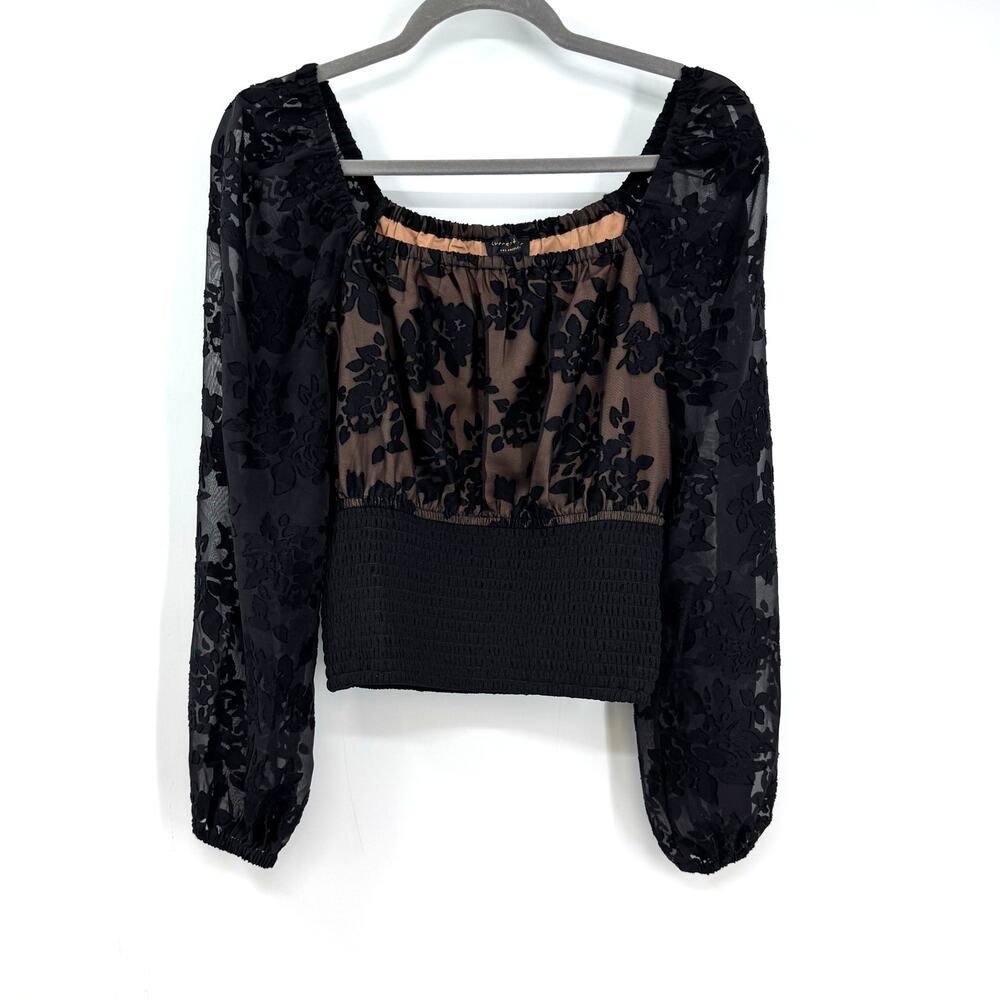 Current Air Velvet Burnout Smocked Crop Top S Black Sheer Goth Whimsigoth Square